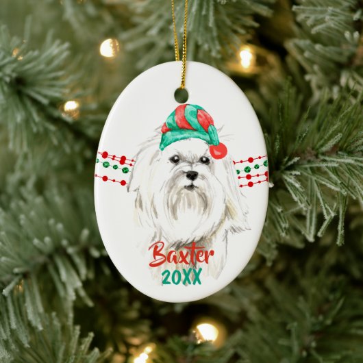 White Maltese Santa Hat Holiday String Beads Keramisch Ornament (Boom)