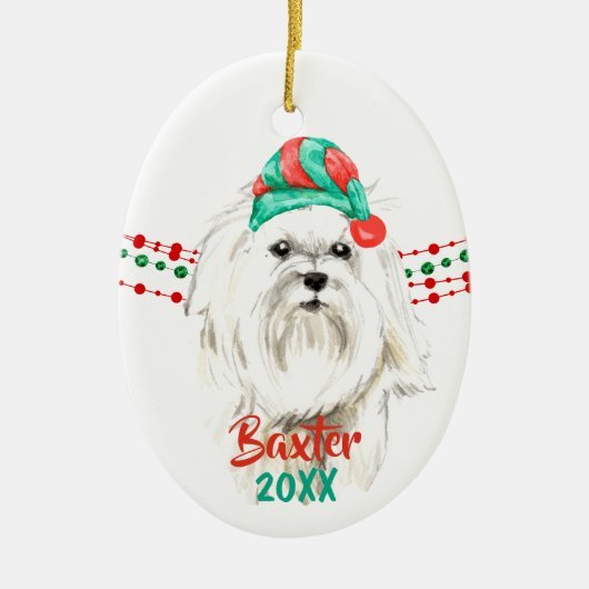 White Maltese Santa Hat Holiday String Beads Keramisch Ornament (Voorkant)