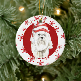 White Maltese Santa Hat Red Snowflake Keramisch Ornament