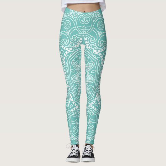 White Mandala Art Pattern over Light Blauwgroen Bl Leggings (Voorkant)