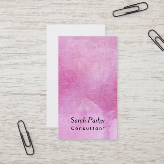 White Mandala over getextureerde dieproze Waterver Visitekaartje (Voorkant / Achterkant in situ)