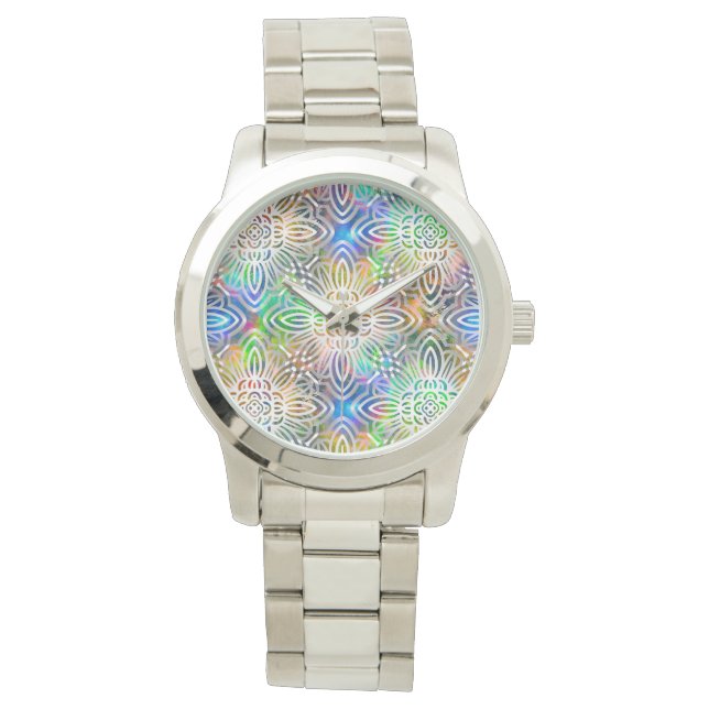 White Mandala Pattern Over Colorful Jewel Tones Horloge (Voorkant)