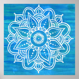 White Mandala Waterverf Blue Green Waves Poster