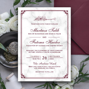 White Marble and Burgundy Border Muslim Wedding Kaart
