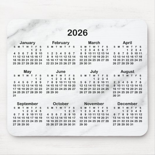 White Marble Black 2026 Calendar Muismat (Voorkant)