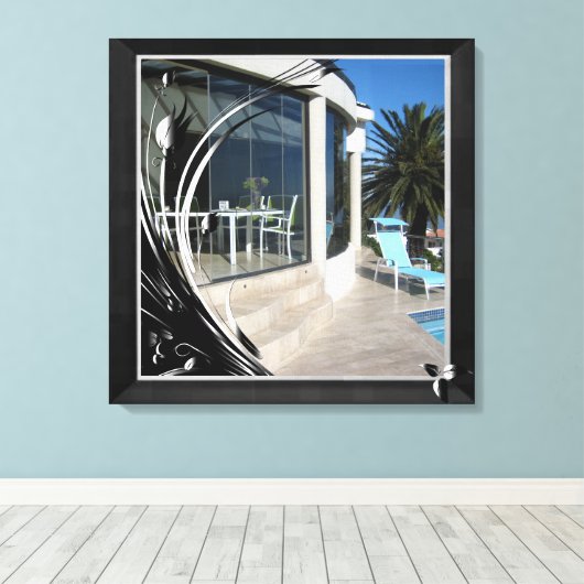 White Marble - Black Abstract Filigree Canvas Afdruk (Insitu (Houten vloer))