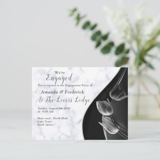 White marble - Black Abstract Tulips Verloving Uitnodiging Briefkaart (Staand voorkant)