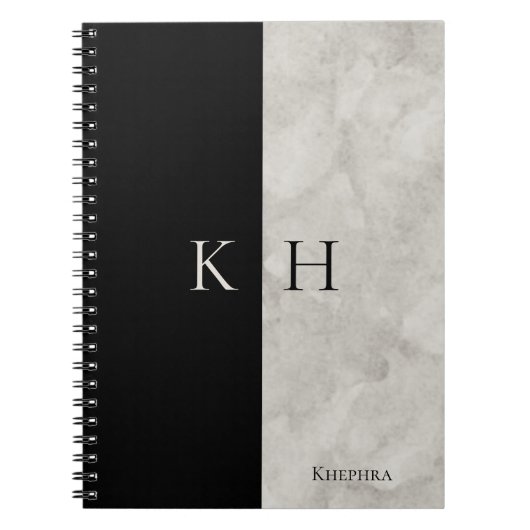 White Marble Black Accent Monogram Name Notebook Notitieboek (Voorkant)