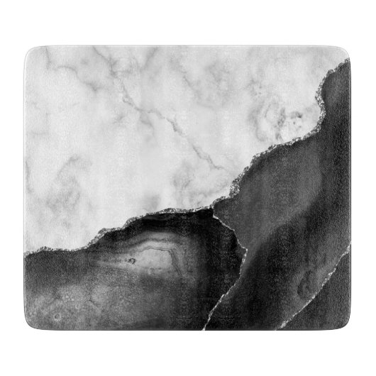 White marble Black Agate Silver Glitter Snijplank (Voorkant)