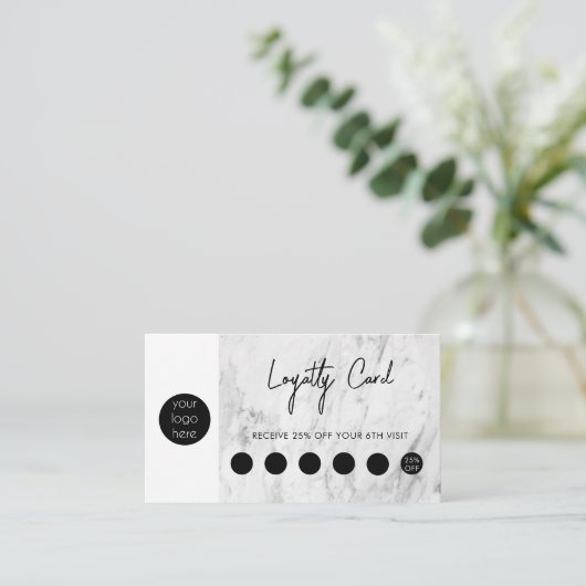 White Marble Black Business Logo QR Code Loyalty Visitekaartje (Staand voorkant)