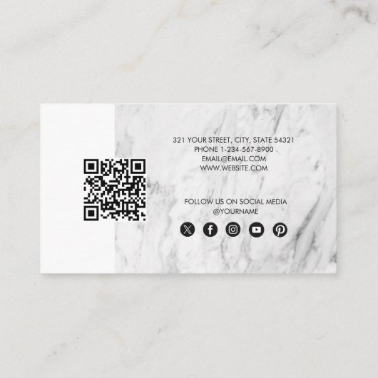 White Marble Black Business Logo QR Code Loyalty Visitekaartje (Achterkant)