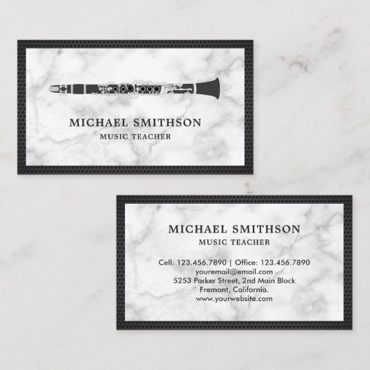 White Marble Black Clarinet Music Teacher Visitekaartje (Voorkant / Achterkant)