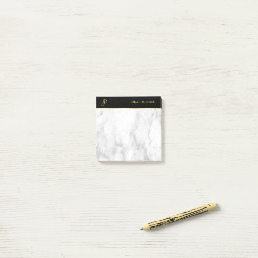 White marble Black Gold Elegant Monogrammed Modern Post-it® Notes (Op bureau)
