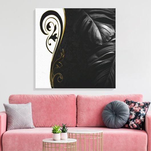 White marble, Black, Gold Filigree Canvas Afdruk (Insitu (Woonkamer))