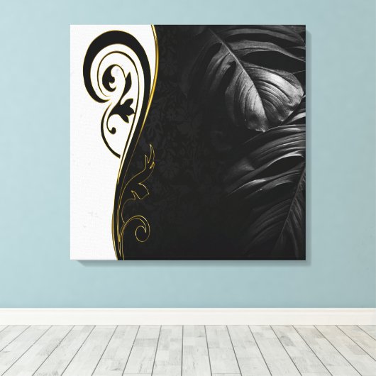 White marble, Black, Gold Filigree Canvas Afdruk (Insitu (Houten vloer))