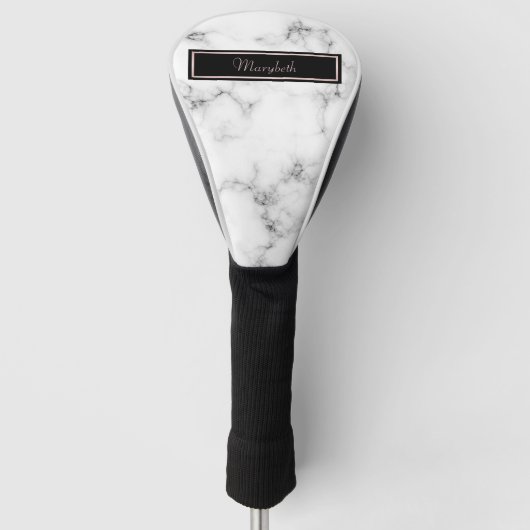 White Marble Black Silver Monogrammed Name Golfheadcover (Voorkant)