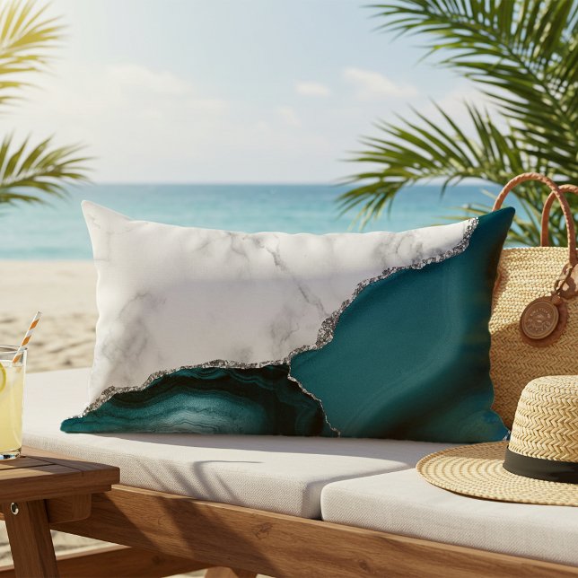 White Marble Blauwgroen Agate Silver Outdoor Buitenkussen (Creator heeft geüpload)