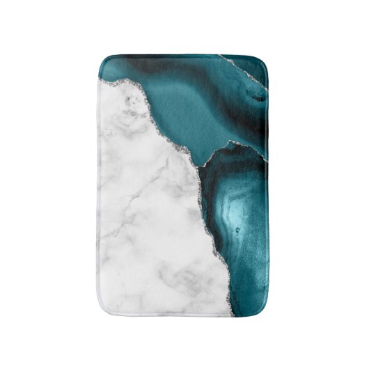 White marble Blauwgroen Blue Agate Silver Badmat (Voorkant Verticaal)