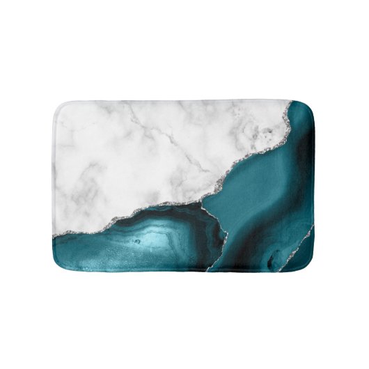 White marble Blauwgroen Blue Agate Silver Badmat (Voorkant)