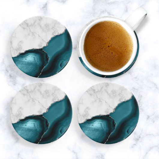 White marble Blauwgroen Blue Agate Silver Glitter Zandsteen Onderzetter