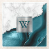 White marble Blauwgroen Blue Agate Silver Monogram Glazen Onderzetter (Voorkant)