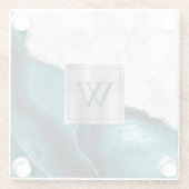 White marble Blauwgroen Blue Agate Silver Monogram Glazen Onderzetter (Achterkant)