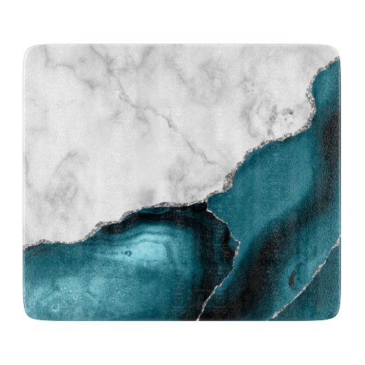 White marble Blauwgroen Blue Agate Silver Snijplank (Voorkant)