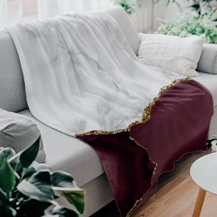 White Marble Burgundy Agate Gold Glitter Fleece Deken
