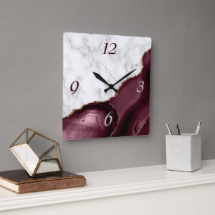 White Marble Burgundy Agate Gold Glitter Vierkante Klok