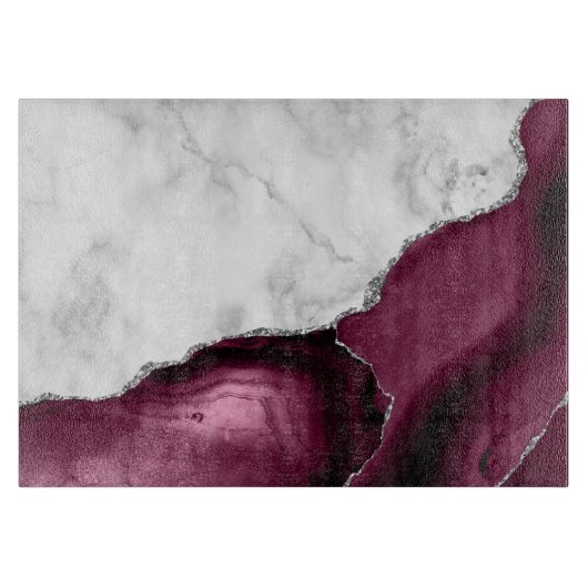White Marble Burgundy Agate Silver Glitter Snijplank (Voorkant)