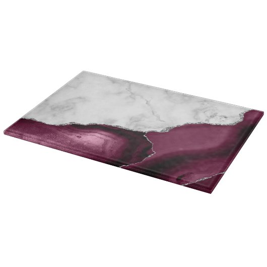 White Marble Burgundy Agate Silver Glitter Snijplank (Hoek)