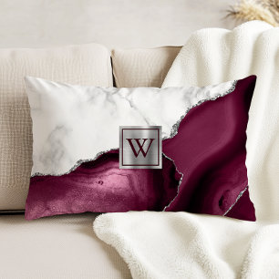 White Marble Burgundy Agate Silver Monogram Accent Kussen