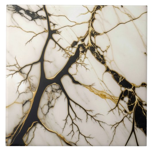 White marble Ceramic Tegel Black en Gold Veins Tegeltje (Voorkant)