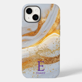 White marble chic gold glitter monogram Case-Mate iPhone 14 hoesje