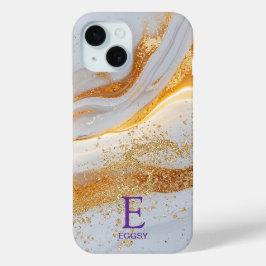 White marble chic gold glitter monogram iPhone 15 case