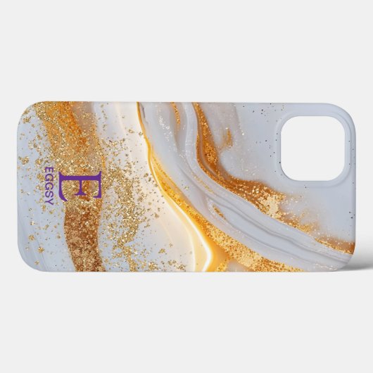 White marble chic gold glitter monogram Case-Mate iPhone case (Achterkant (horizontaal))