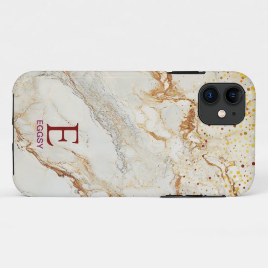 White marble chic gold glitter monogram Case-Mate iPhone case (Achterkant (horizontaal))