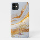 White marble chic gold glitter monogram Case-Mate iPhone case (Achterkant)