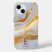 White marble chic gold glitter monogram Case-Mate iPhone case (Achterkant)