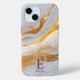 White marble chic gold glitter monogram iPhone 15 case