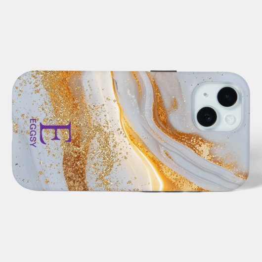 White marble chic gold glitter monogram Case-Mate iPhone case (Achterkant (horizontaal))