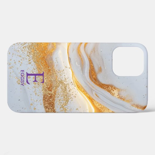 White marble chic gold glitter monogram Case-Mate iPhone case (Achterkant (horizontaal))