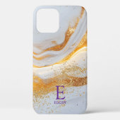 White marble chic gold glitter monogram Case-Mate iPhone case (Achterkant)