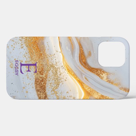 White marble chic gold glitter monogram Case-Mate iPhone case (Achterkant (horizontaal))
