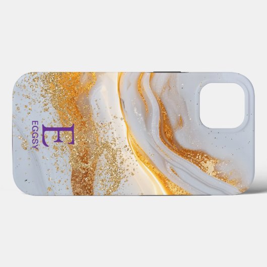 White marble chic gold glitter monogram Case-Mate iPhone case (Achterkant (horizontaal))
