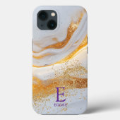 White marble chic gold glitter monogram Case-Mate iPhone case (Achterkant)