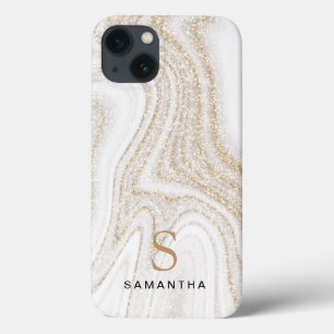 White marble chic gold glitter monogram Hoesje-Mat Case-Mate iPhone Case