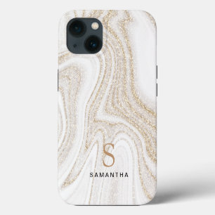 White marble chic gold glitter monogram Hoesje-Mat iPhone 13 Hoesje
