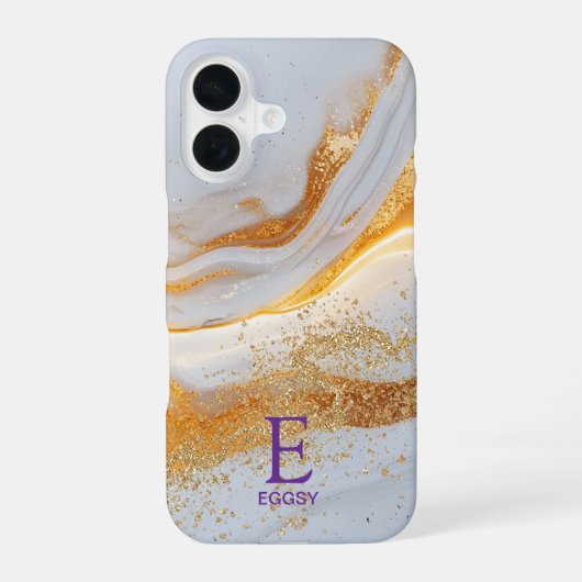White marble chic gold glitter monogram iPhone 16 hoesje (Achterkant)