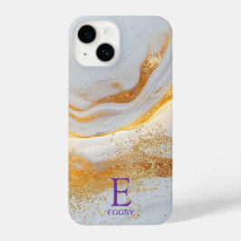 White marble chic gold glitter monogram iPhone 14 hoesje
